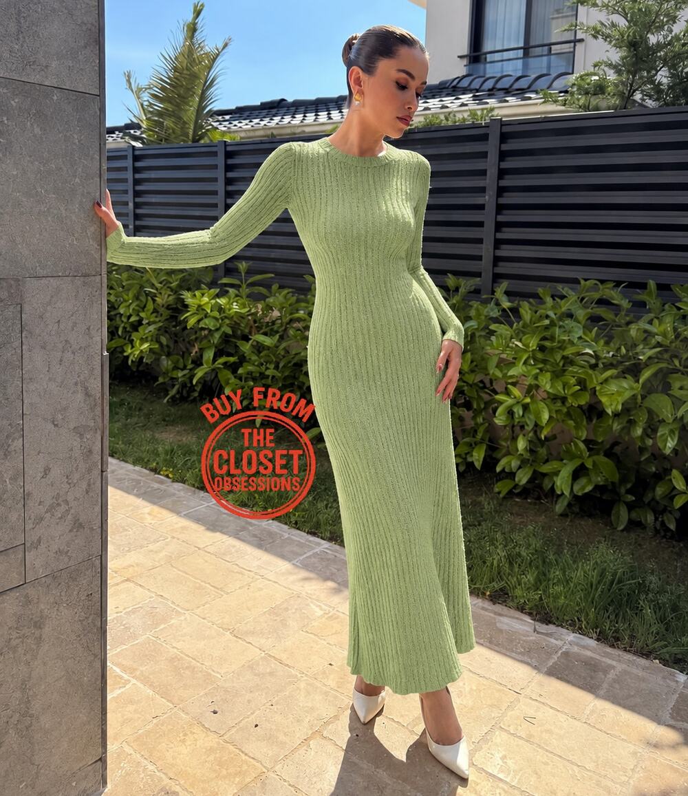 Mango NWT Green Ribbed Knit Long Sleeve Maxi Dress 8